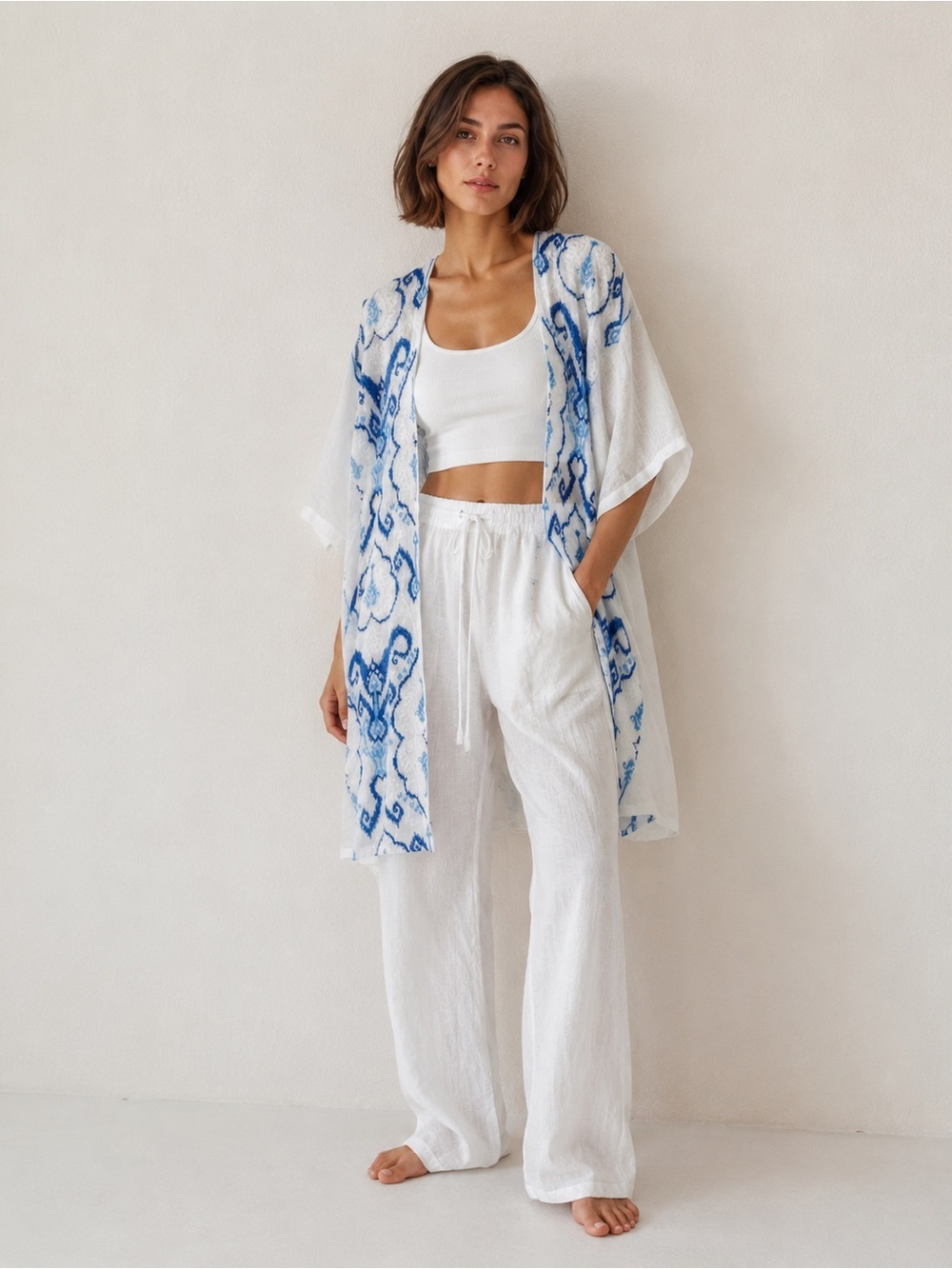 eseOese Linen Kimono Corfu with Blue Embroidered One Size Coverup M-XL